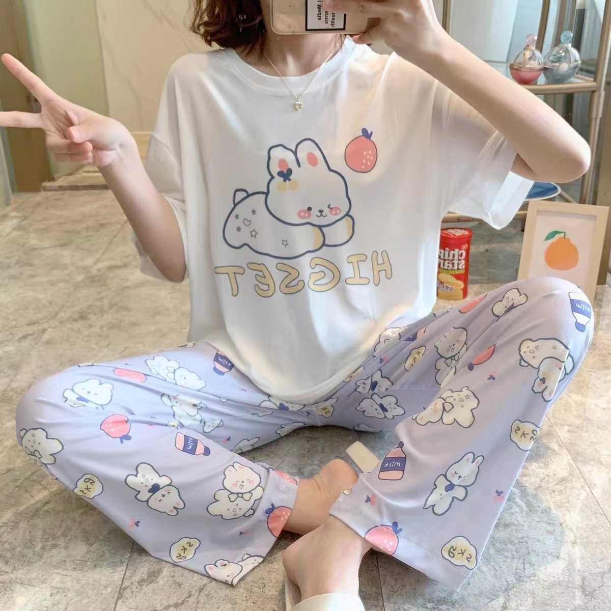 睡衣女夏短袖韩版春秋季可爱长裤薄款新款宽松家居服套装大码卡通
