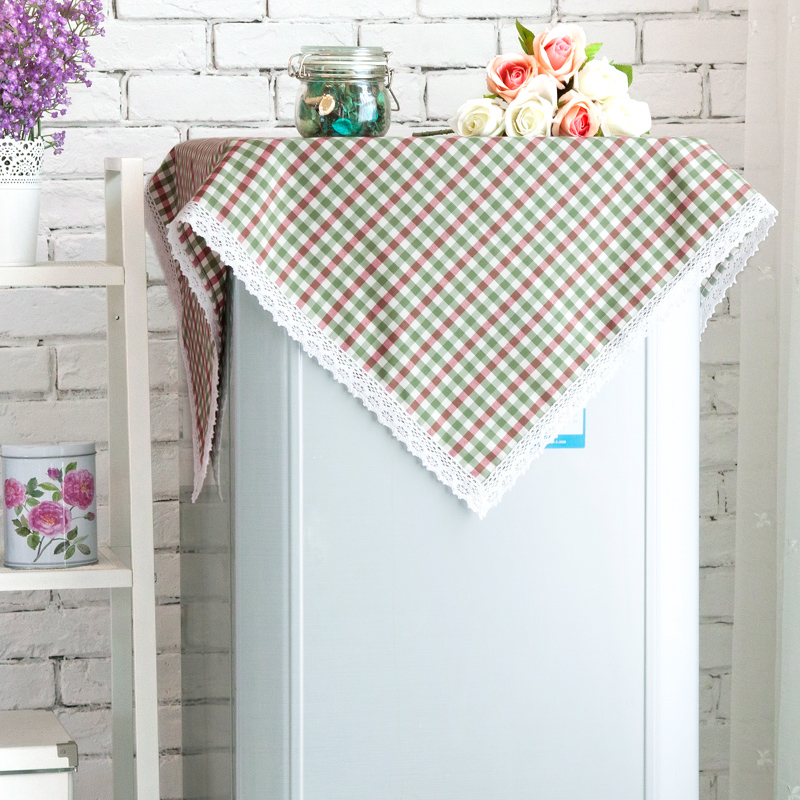 冰箱罩床头柜盖布美式田园格子布艺蕾丝圆桌布电视脑小盖巾可定制