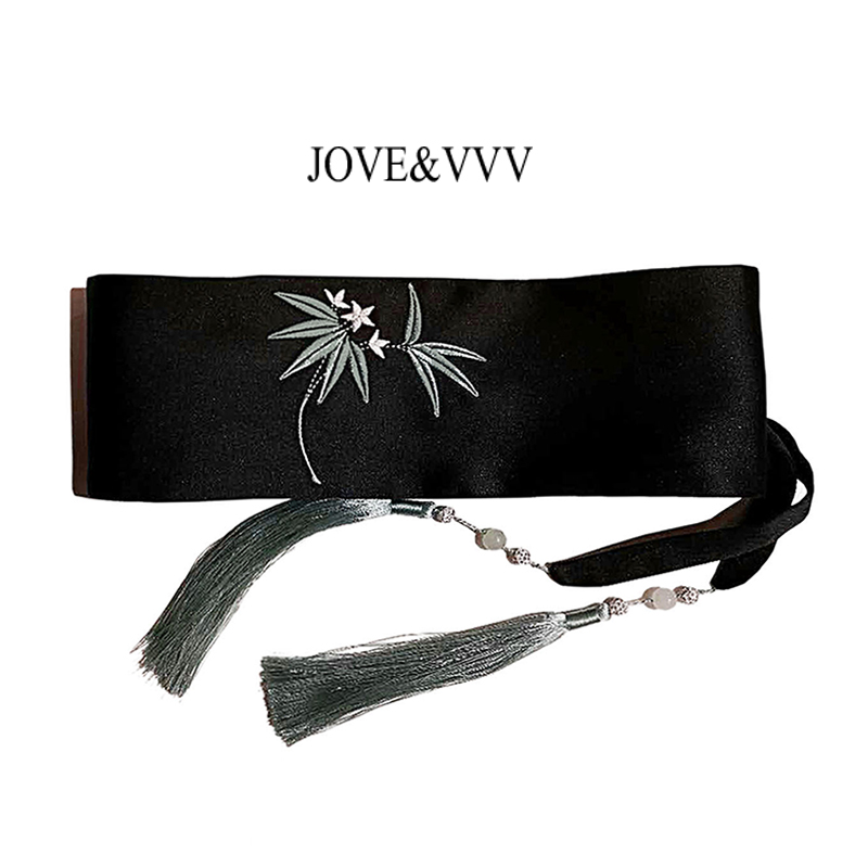 jove&vvv古风刺绣腰封女  青色流苏黑色腰带百搭汉服琉璃束腰收腰
