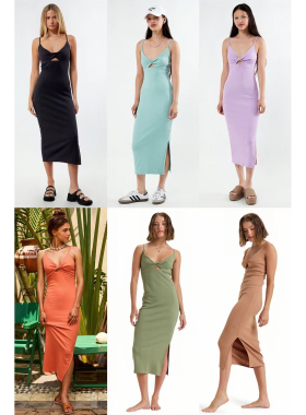 外贸原单Rox*y纯色简约镂空设计感修身吊带中长开叉连衣裙D3 2459