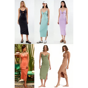 吊带中长开叉连衣裙D3 2459 y纯色简约镂空设计感修身 外贸原单Rox