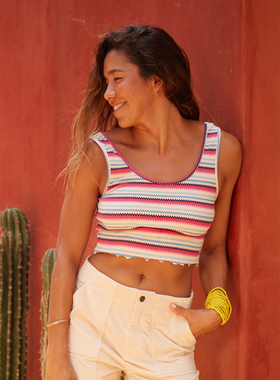 外贸原单Rox*y撞色印花罗纹修身背心短款外穿内搭打底上衣D6 2429