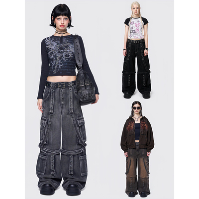 飘带多口袋阔腿工装牛仔裤子