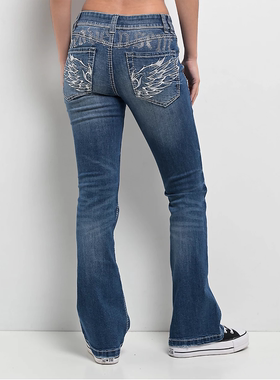 外贸原单Nin*thHallAlyssia奢华羽翼刺绣水洗蓝喇叭牛仔裤B4 2071