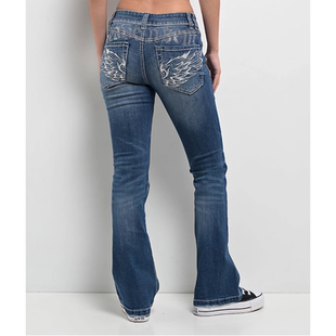 2071 外贸原单Nin thHallAlyssia奢华羽翼刺绣水洗蓝喇叭牛仔裤