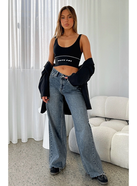 外贸原单WF CallYouMineITGirl阔腿直筒磨边下摆牛仔裤DS2 1208