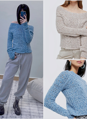 FP原D 鲛花针织斜肩毛衣 (可一字肩 or 斜肩）针织上衣镂空钩花