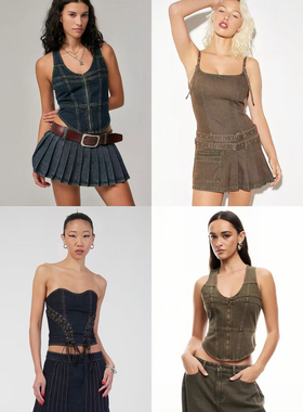 外贸原单Lio*ness多款 复古辣妹风显瘦牛仔背心短裤短裙 2336