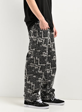 外贸原单Emp*yre男女同款幽灵泡泡高腰黑灰滑板阔腿牛仔裤C3 1778