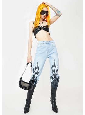 外贸原单Edi复古水洗火焰高花纹腰牛仔裤休闲显瘦锥形裤靴裤1758