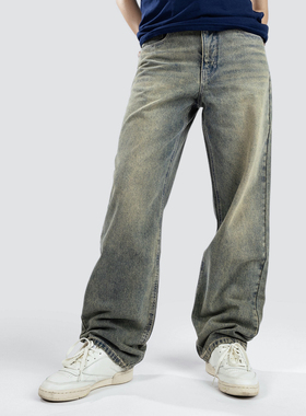 外贸原单Emp*yre男女同款高腰猫须汽油宽松直筒阔腿牛仔裤 2184