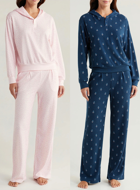 外贸原单PJS*alvage大弹力薄款舒适柔软宽松连帽睡衣套装两色1514