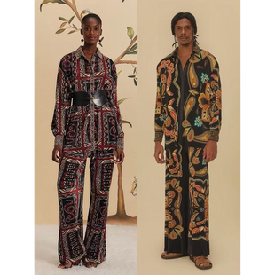 似跟单Far*m波西米亚风慵懒高级感宽松翻领印花褶皱衬衫A4 3330