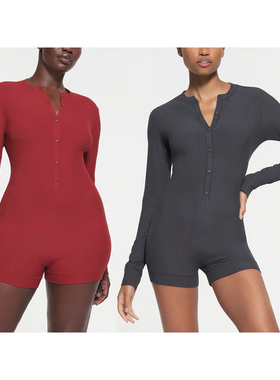 卡戴珊SKI*MS灰色柔软大弹力休闲修身纽扣亨利衫连体裤连体衣1813