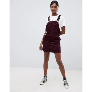 紫酒红色高筒灯芯绒工装 背带裙 ASO