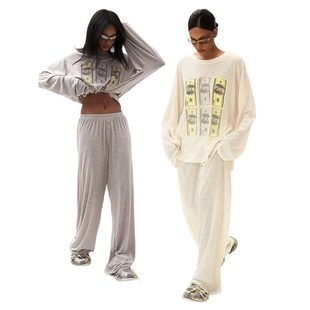 俄罗斯单BT慵懒松弛超轻薄透圆领宽松美金套装超长阔腿裤A6 3338