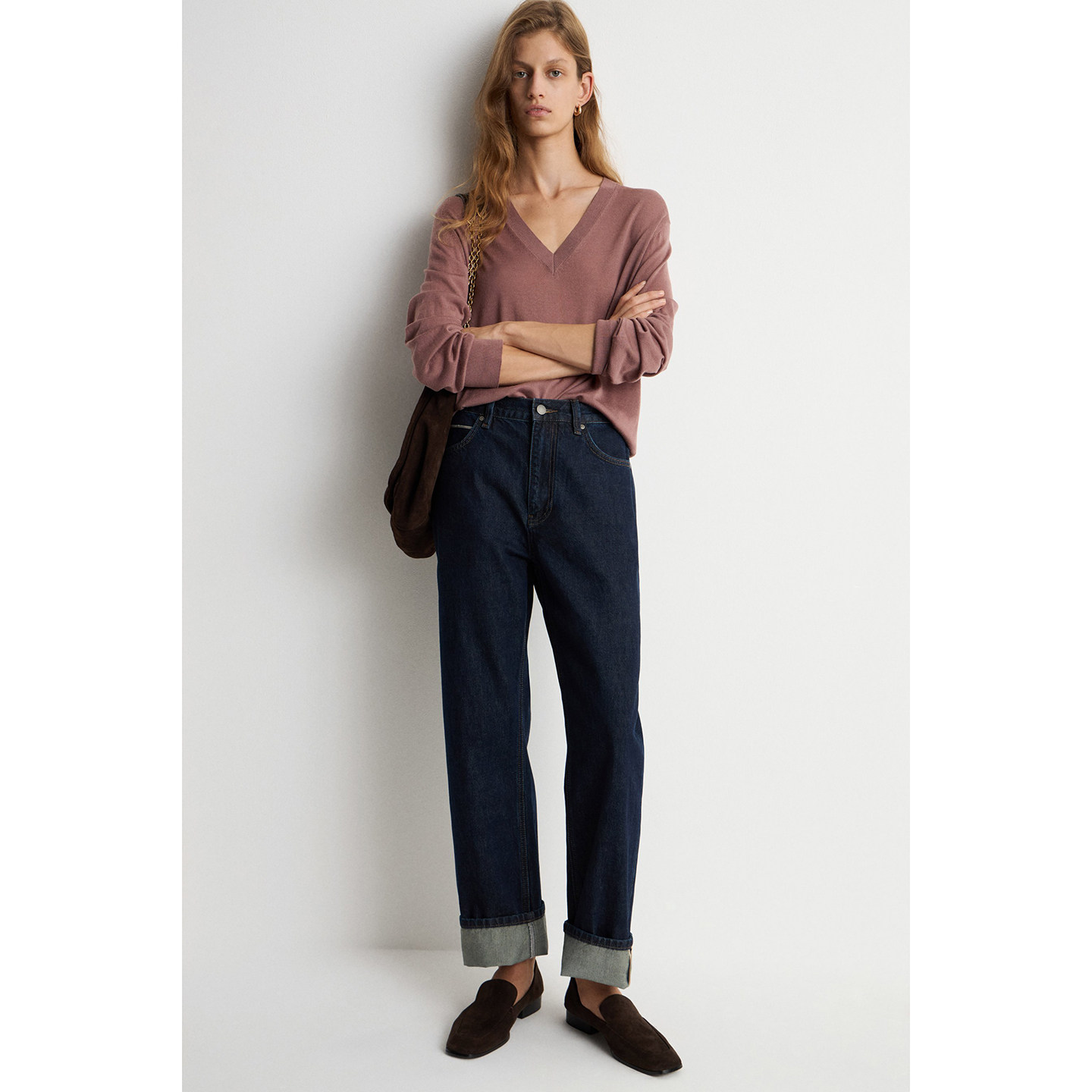 深蓝直筒丹宁布赤耳牛仔裤