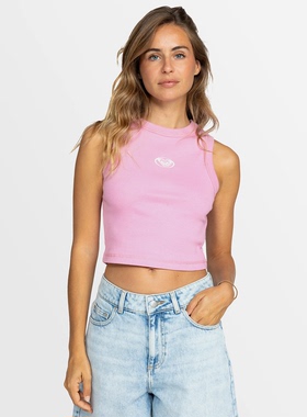 外贸原单Rox*y重磅棉粉色短款背心设计感修身圆领甜辣上衣B5 2451