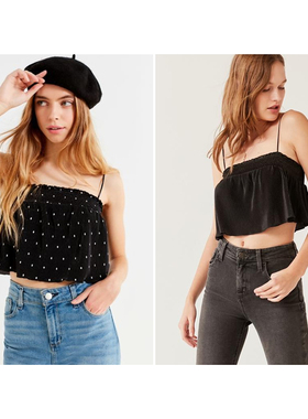 外贸原单 UO原D皱褶圆点/纯色吊带背心上衣短tee蛋糕层叠木耳边T