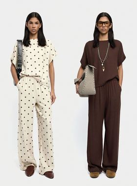 外贸原单Par*fois简约慵懒松弛宽松舒适圆领短袖长裤套装 4041