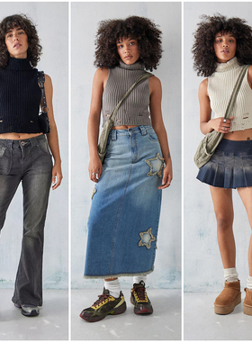 外贸原单UO原D Danielle仿旧漏斗针织背心高领吊带上衣tee恤裹胸