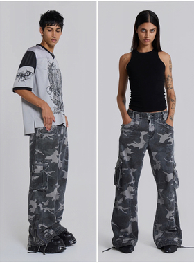 外贸原单Jad*ed London男女同款百搭阔腿直筒迷彩工装裤 洗水灰黑