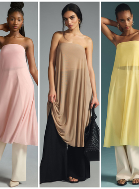 外贸原单Anth Dolan 透明网纱抹胸裙上衣罩衫连衣裙中长裙中东风