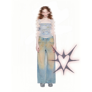 外贸原单Eds美式 1648 复古水洗扎染铆钉宽松阔腿直筒牛仔脏脏裤