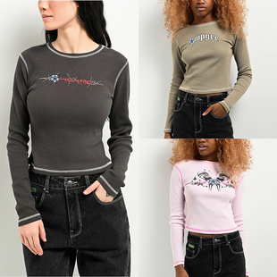 三款 外贸原单Emp T恤 圆领长袖 yre复古Y2K撞色缝线华夫罗纹修身