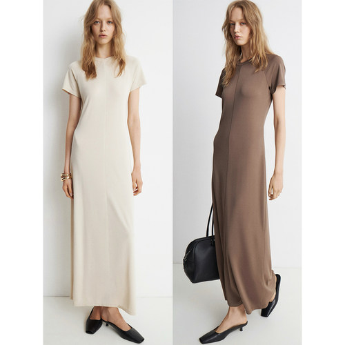 简约平缝长款短袖连衣裙