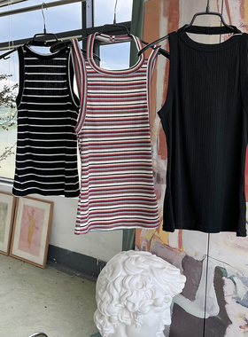 外贸原单Rev*iew贴身系列弹力罗纹柔软无袖背心 条纹-黑-彩虹D8