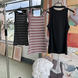 条纹 外贸原单Rev iew贴身系列弹力罗纹柔软无袖 背心 彩虹D8 黑