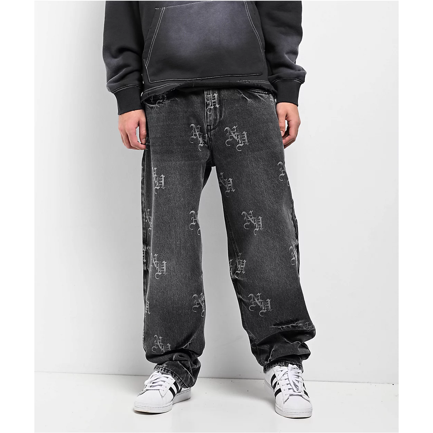 外贸原单Nin*th Hall缩写印花高腰褪色黑宽松阔腿牛仔裤 D 1776,女装/女士精品,牛仔裤,淘宝优惠券,粉丝福利购,淘宝优惠卷