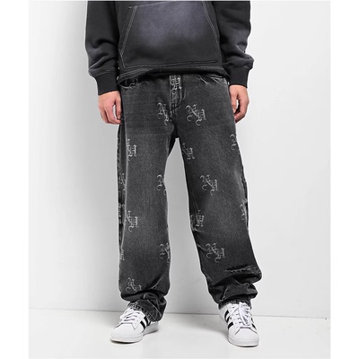 缩写印花褪色黑阔腿牛仔裤