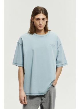 俄罗斯lim出口外贸男款文字刺绣缝线纯棉宽松圆领短袖T恤B3 3704