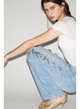 外贸原单LIM*E花卉串珠刺绣潮流设计感直筒宽松阔腿牛仔裤B9 2240