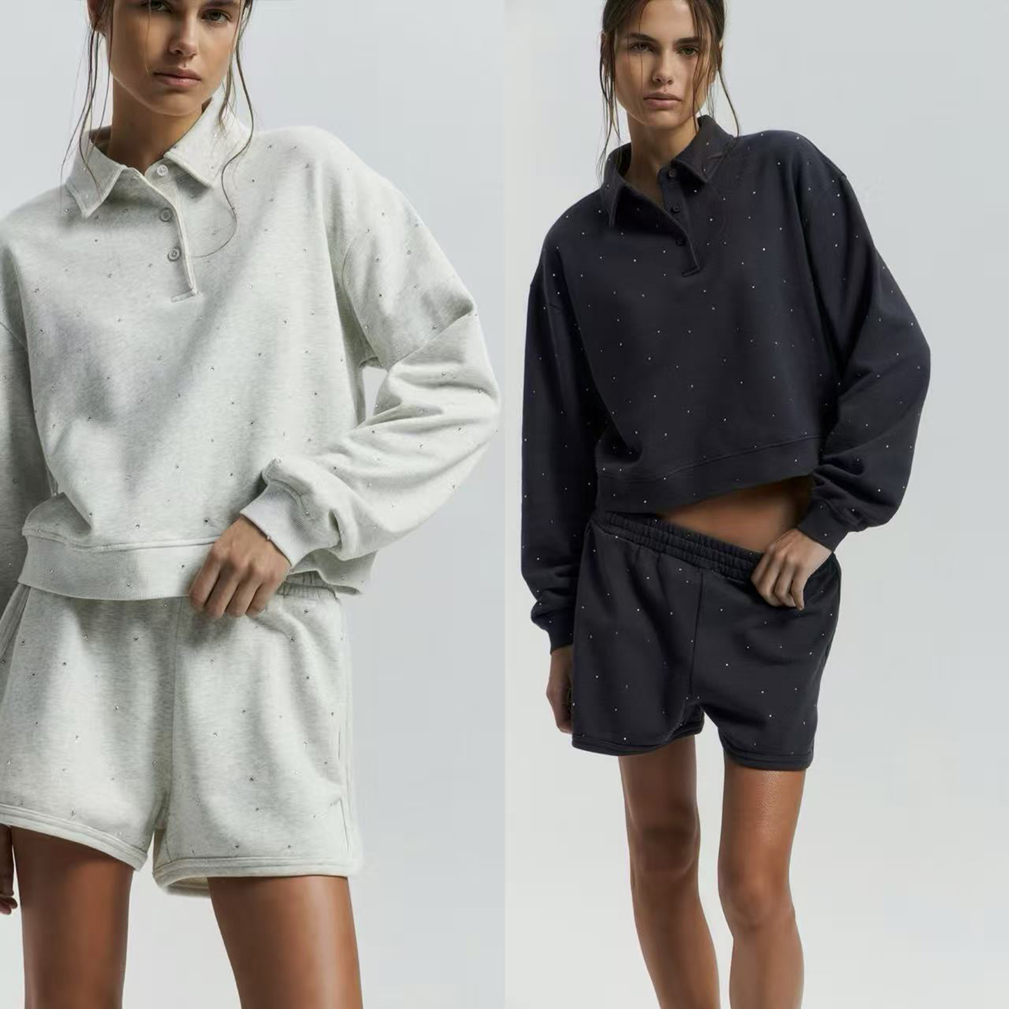 水晶缀饰休闲Polo领长袖