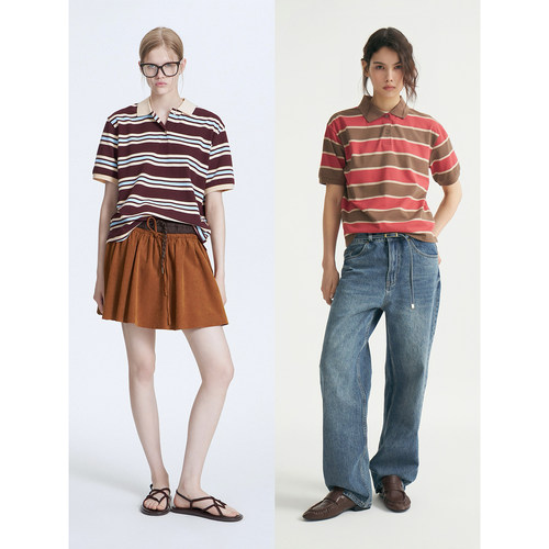 条纹Polo领宽松衬衫T恤