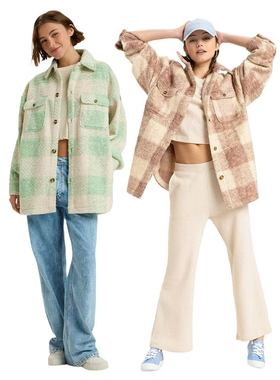 外贸原单Rox*y格纹宽松口袋保暖翻领抓绒衬衫外套 三色 D5 2848