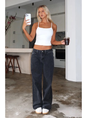 外贸原单WF低腰显瘦阔腿直筒宽松牛仔裤黑色长裤辣妹长腿 B3 2049