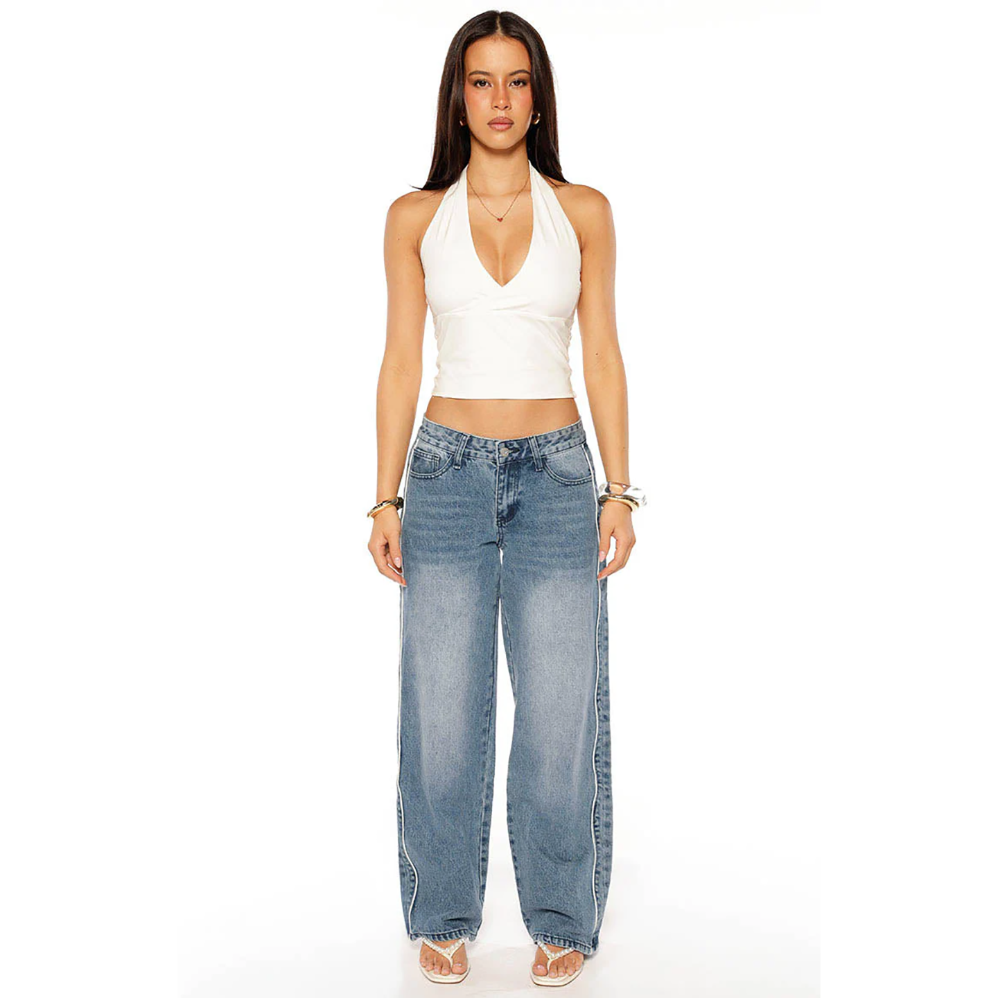 中度水洗撞色缝线阔腿牛仔裤