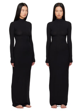 卡戴珊Ski*ms 黑色高领经典S型罗纹弹力柔软纯欲性感连衣裙 1926