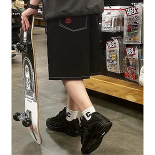 1725 复古宽松休闲刺绣水洗黑色直筒滑冰短裤 外贸原单Emp yre美式