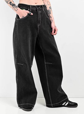 外贸原单Emp*yre男女同款高腰对比色车缝线宽松阔腿牛仔裤 D 2186