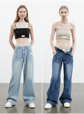 外贸原单MAR*ITHE MOU*VEMENT W 低腰阔腿磨损牛仔裤 (深蓝&浅蓝)