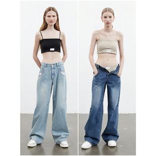 VEMENT MOU 低腰阔腿磨损牛仔裤 外贸原单MAR 深蓝&浅蓝 ITHE