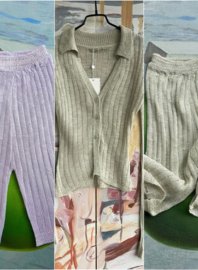 外贸原单RUV*E超薄短袖时尚显瘦针织套装长袖针织衫+针织中短裤