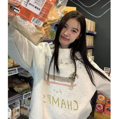 店长强推上衣小狗印花慵懒风美式套头可爱圆领薄款休闲卫衣女春秋