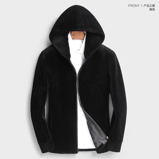 羊剪绒帽子皮衣男士短款美利奴羊毛带帽男装海宁皮草外套 连帽