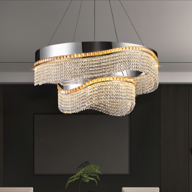现代轻奢客厅水晶吊灯不锈钢波浪造型LED灯具高级感主灯